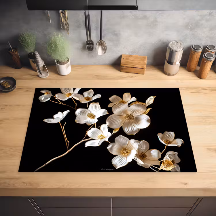 Bloemen - Wit - Goud Inductie beschermer vinyl 3mm klein -sfeer5
