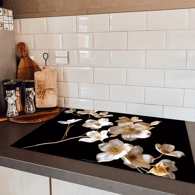 Bloemen - Wit - Goud Inductie beschermer vinyl 3mm klein -sfeer3