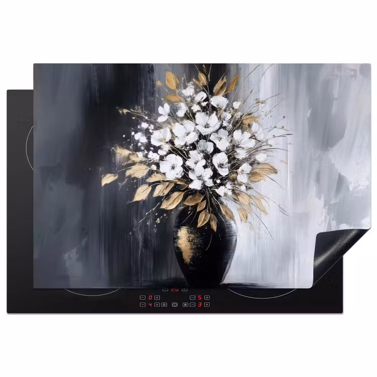 Bloemen - Wit - Vaas - Abstract Inductie beschermer vinyl 3mm klein -3d