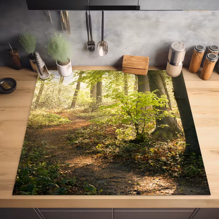 Bos - Bomen - Pad - Zon - Planten - Bladeren - Natuur Inductie beschermer vinyl 3mm middel -sfeer5