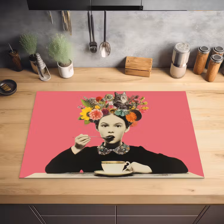 Meisje - Kopje - Bloemen - Roze Inductie beschermer vinyl 3mm klein -sfeer5