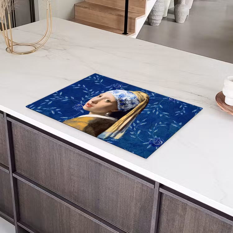 Meisje met de parel - Delfts blauw - Vermeer - Bloemen - Schilderij - Oude meesters Inductie beschermer vinyl 3mm klein -sfeer8