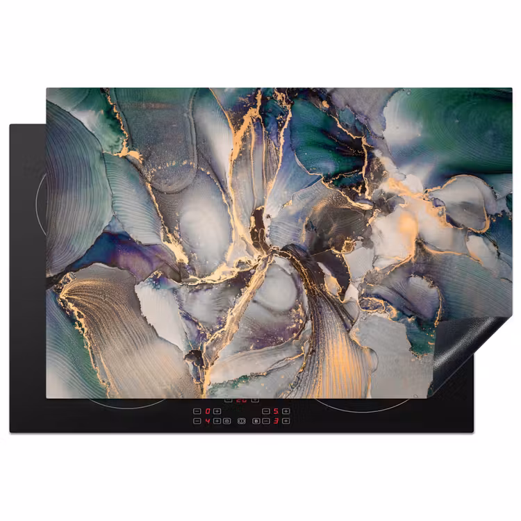 Goud - Blauw - Marmer Inductie beschermer vinyl 3mm klein -3d