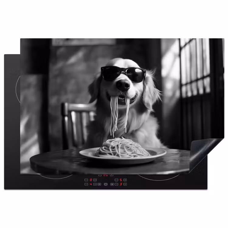 Golden Retriever - Hond - Vrolijk -  Bord spaghetti - Zwart - wit Inductie beschermer vinyl 3mm klein -3d