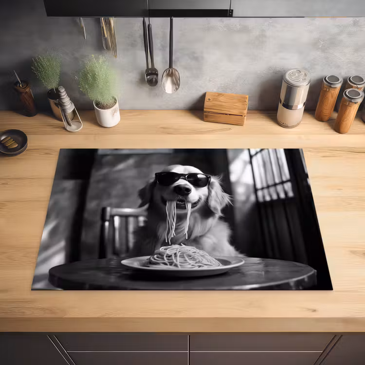 Golden Retriever - Hond - Vrolijk -  Bord spaghetti - Zwart - wit Inductie beschermer vinyl 3mm klein -sfeer5