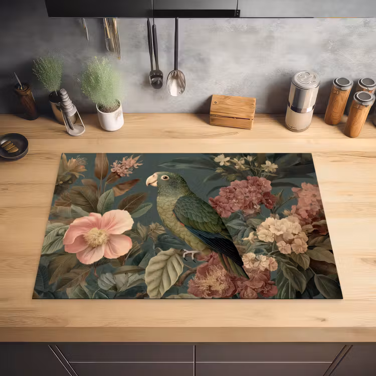 Groene papegaai - Kleurrijke bloemen - Donkere achtergrond Inductie beschermer vinyl 3mm klein -sfeer5
