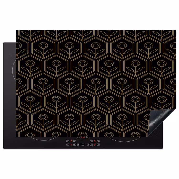 Zeshoek - Zwart - Goud - Bloem Inductie beschermer vinyl 3mm klein 276 -3d