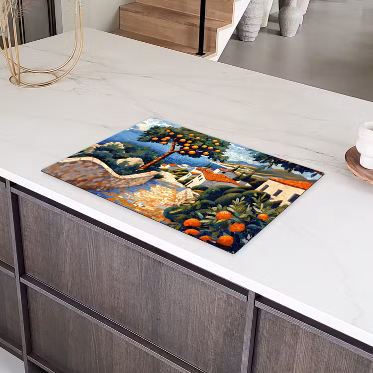Huizen - Mozaïek - Sinaasappelbomen - Zee Inductie beschermer vinyl 3mm klein -sfeer8