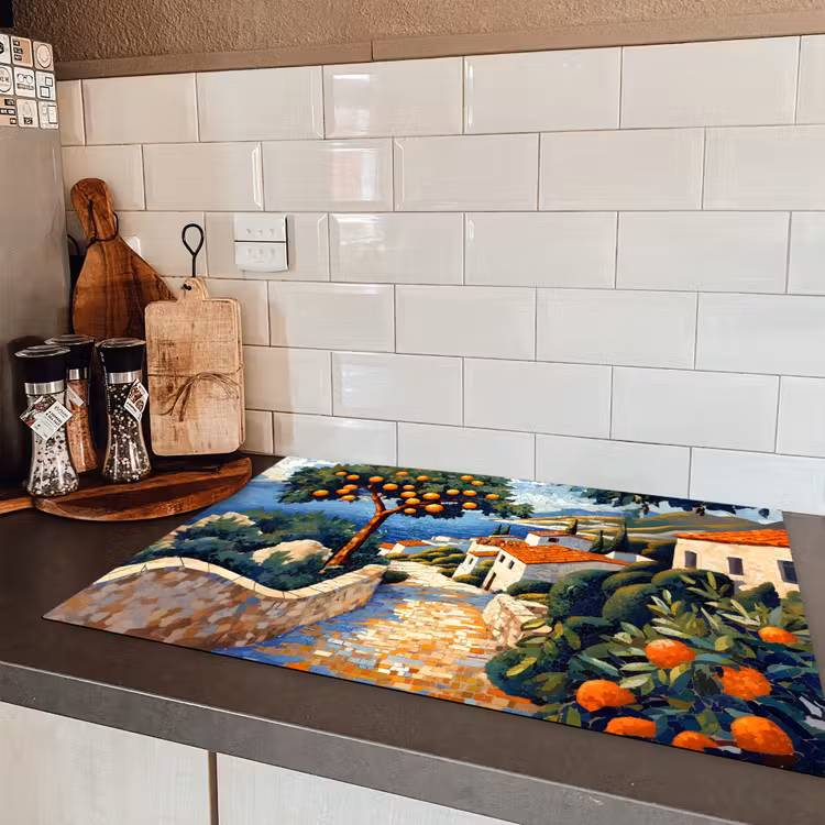 Huizen - Mozaïek - Sinaasappelbomen - Zee Inductie beschermer vinyl 3mm klein -sfeer3