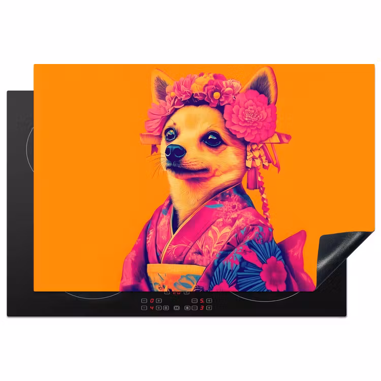 Kimono - Hondje - Bloemenkroon - Oranje Inductie beschermer vinyl 3mm klein -3d