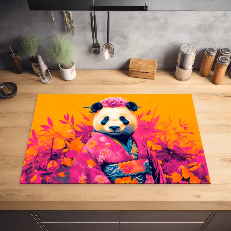 Kimono - Roze - Panda - Bloemenkroon Inductie beschermer vinyl 3mm klein -sfeer5