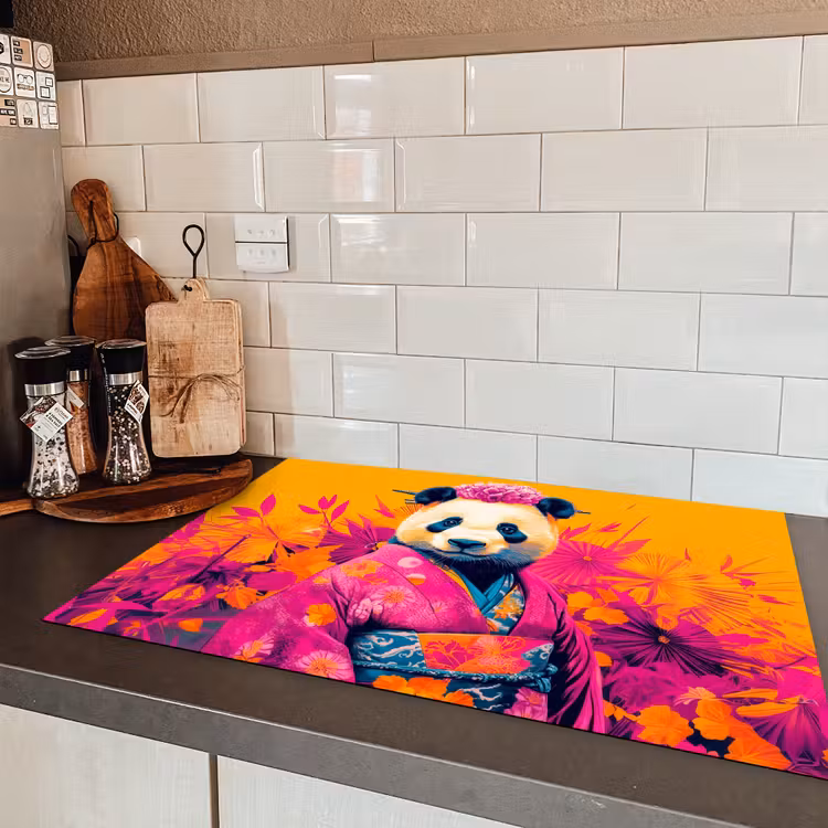 Kimono - Roze - Panda - Bloemenkroon Inductie beschermer vinyl 3mm klein -sfeer3