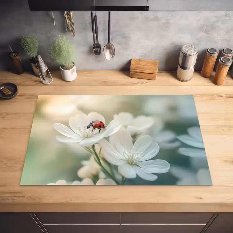 Lieveheersbeestje - Bloemen - Wit Inductie beschermer vinyl 3mm klein -sfeer5