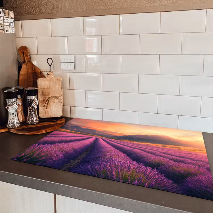 Lavendelveld - Zonsondergang - Paars Inductie beschermer vinyl 3mm klein -sfeer3