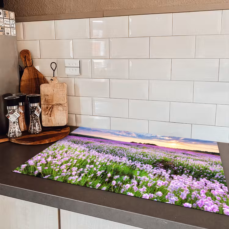 Lavendel - Bloemen - Zonsondergang - Paars - Weide Inductie beschermer vinyl 3mm klein -sfeer3
