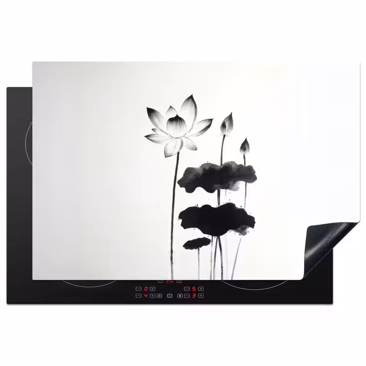 Bladeren - Zwart - Lotusbloem - Minimalitisch Inductie beschermer vinyl 3mm klein -3d