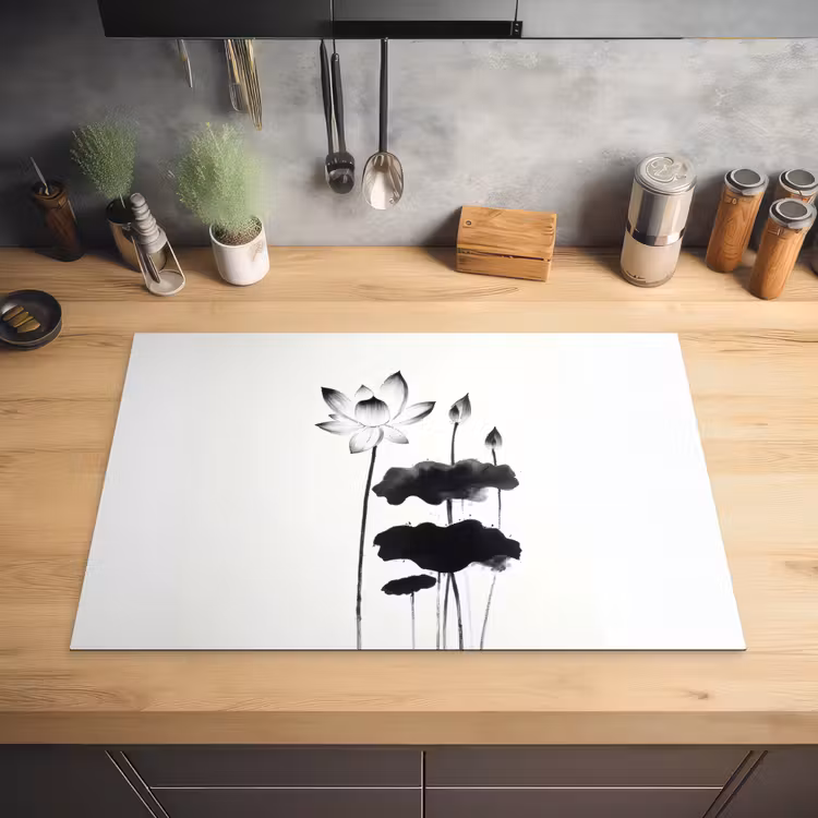 Bladeren - Zwart - Lotusbloem - Minimalitisch Inductie beschermer vinyl 3mm klein -sfeer5