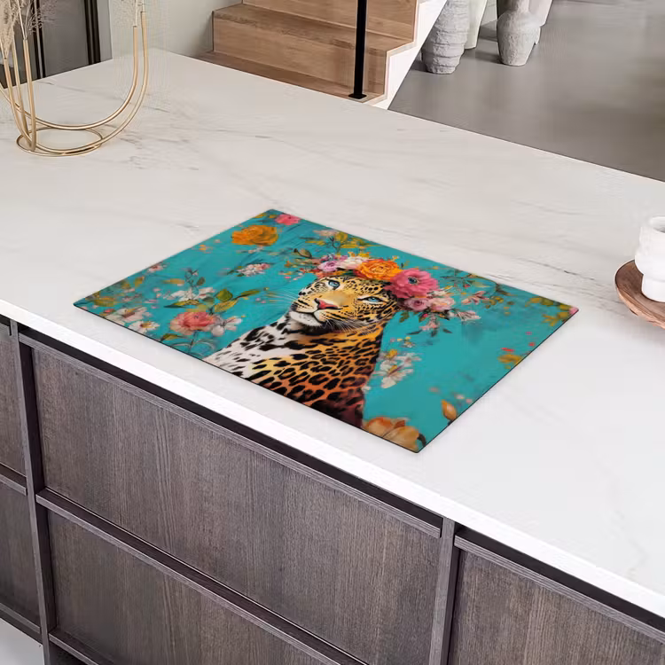 Luipaard - Bloemen - Kroon Inductie beschermer vinyl 3mm klein -sfeer8