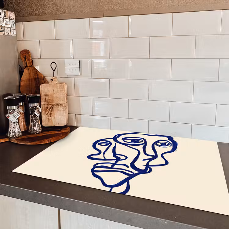 Lijntekening - Overlappende gezichten - Donkerblauw Inductie beschermer vinyl 3mm klein -sfeer3
