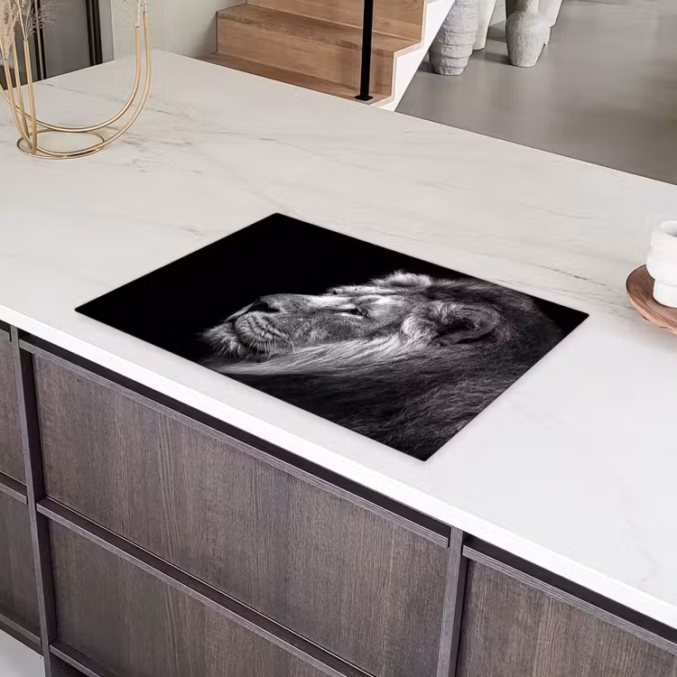 Leeuw tegen zwarte achtergrond in zwart-wit Inductie beschermer vinyl 3mm klein -sfeer8