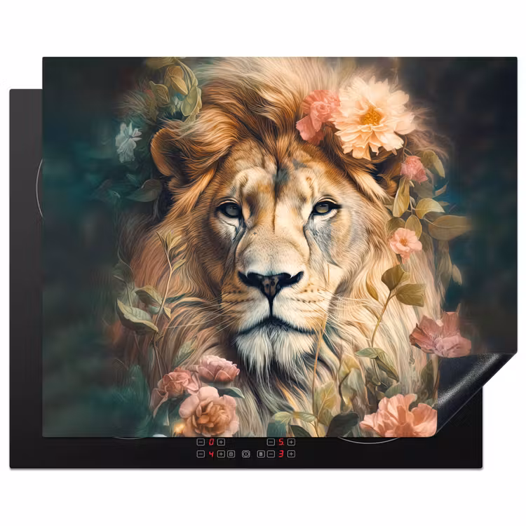 Leeuw - Leeuwenkop - Wilde dieren - Bloemen Inductie beschermer vinyl 3mm groot -3d