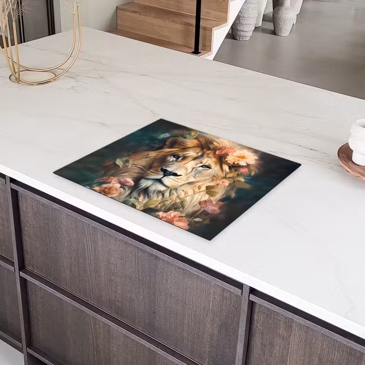 Leeuw - Leeuwenkop - Wilde dieren - Bloemen Inductie beschermer vinyl 3mm groot -sfeer8