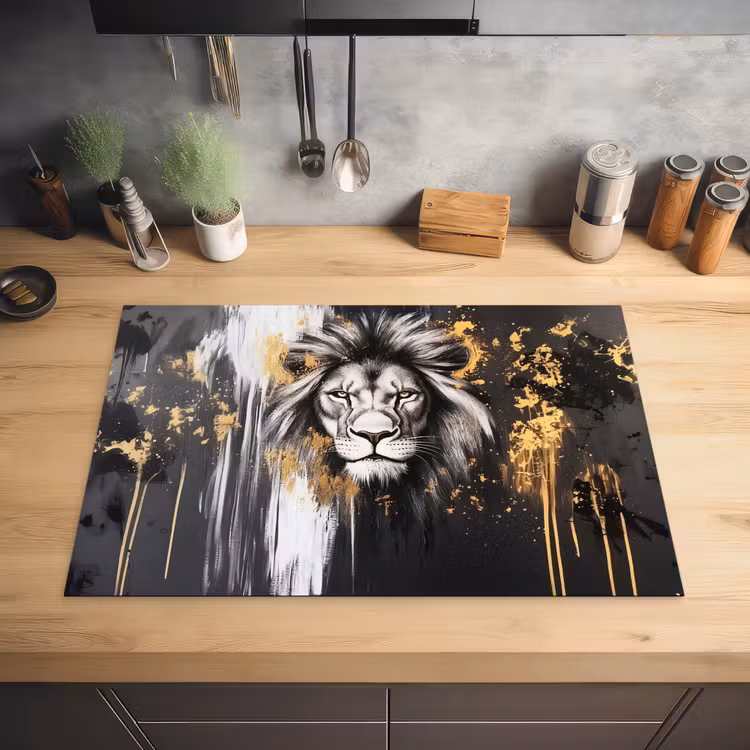 Leeuw - Portret - Verfspatten - Grijs Inductie beschermer vinyl 3mm klein -sfeer5