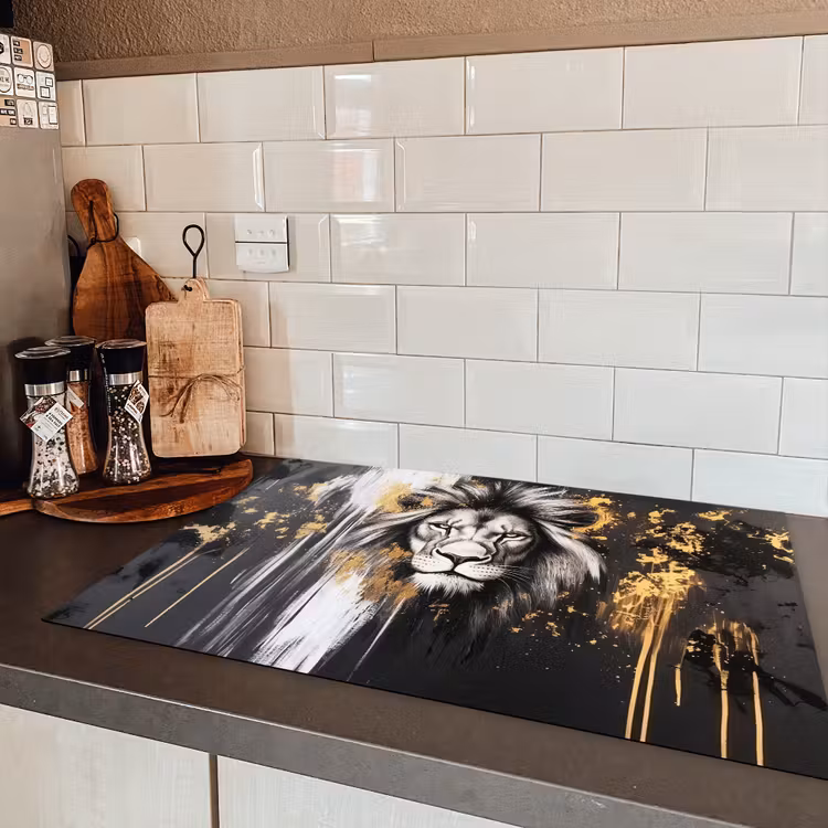 Leeuw - Portret - Verfspatten - Grijs Inductie beschermer vinyl 3mm klein -sfeer3