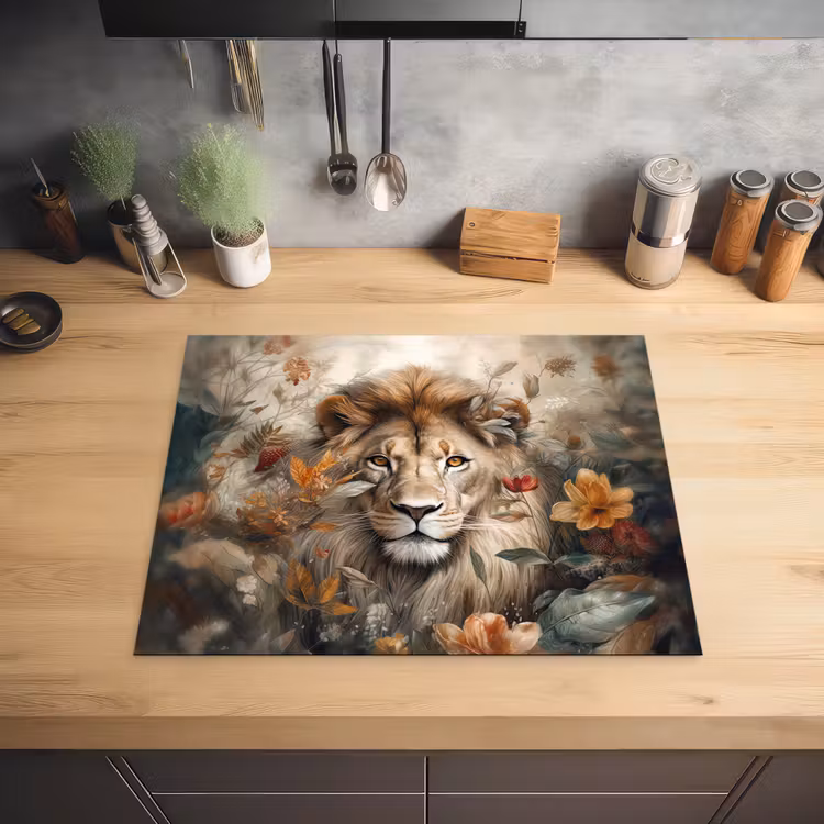 Leeuw - Wilde dieren - Planten - Natuur - Bloemen Inductie beschermer vinyl 3mm groot -sfeer5