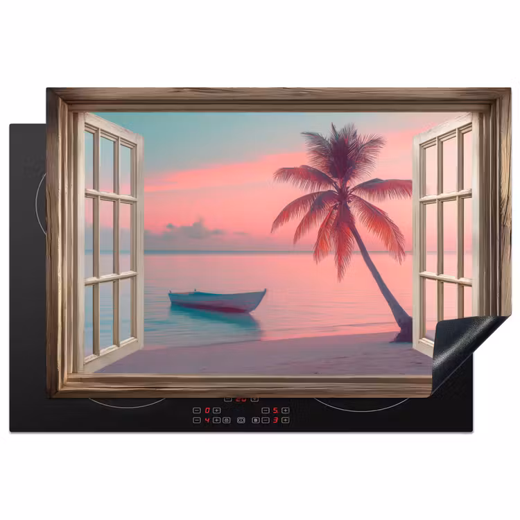 Doorkijk - Strand - Palmboom - Tropisch Inductie beschermer vinyl 3mm klein -3d