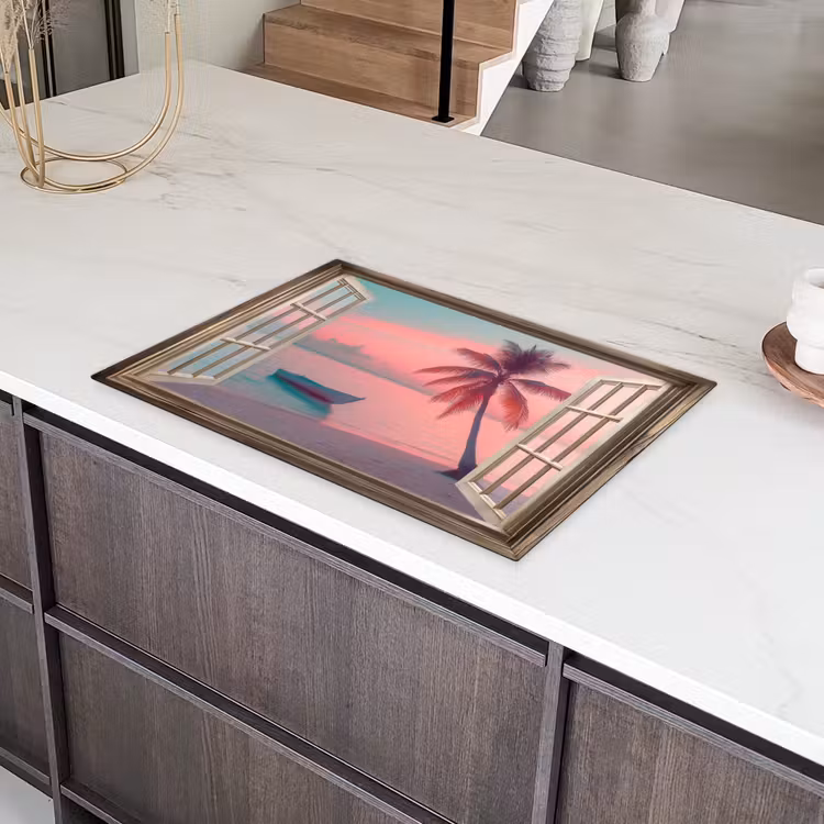 Doorkijk - Strand - Palmboom - Tropisch Inductie beschermer vinyl 3mm klein -sfeer8
