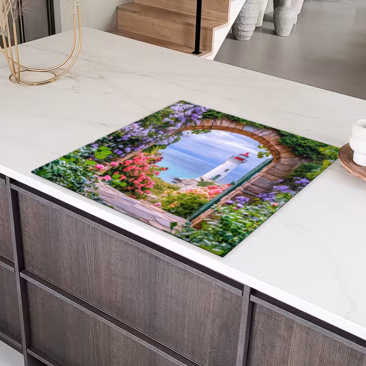Doorkijk - Vuurtoren - Bloemen - Uitzicht Inductie beschermer vinyl 3mm middel -sfeer8