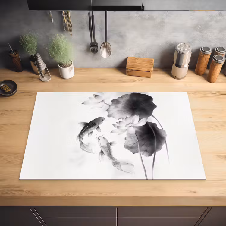 Lotusbloemen - Vissen - Bladeren - Zwart Inductie beschermer vinyl 3mm klein -sfeer5