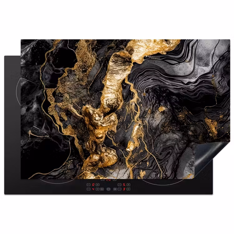 Marmer - Zwart - Goud - Abstract Inductie beschermer vinyl 3mm klein -3d