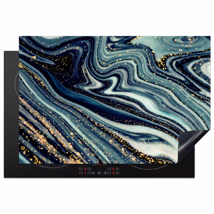 Marmer - Goud - Blauw - Glitter - Marmerlook - Abstract Inductie beschermer vinyl 3mm klein -3d