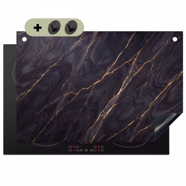 Marmer - Goudaders - Abstract - Modern - Zwart Inductie beschemer met haakjes klein -3d