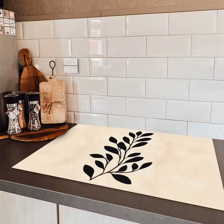 Minimalistisch - Tak - Bladeren - Zwart Inductie beschermer vinyl 3mm klein -sfeer3