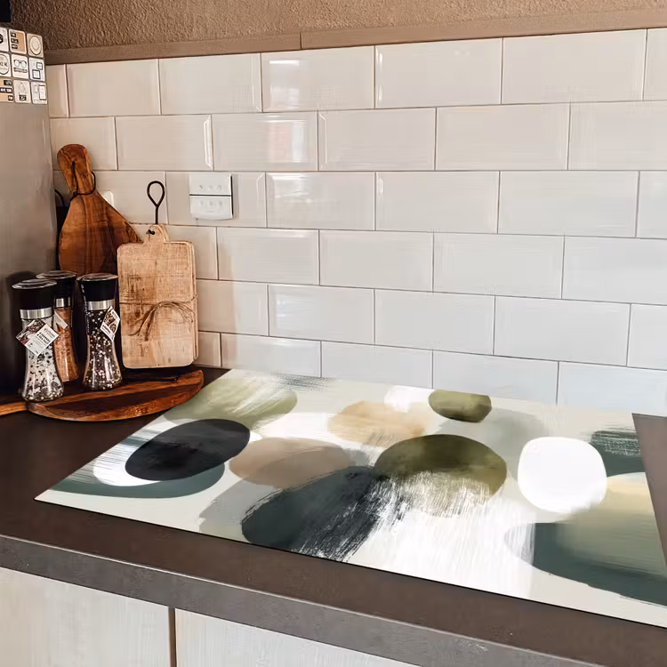 Minimalistisch - Cirkels - Penseelstreken - Beige Inductie beschermer vinyl 3mm klein -sfeer3