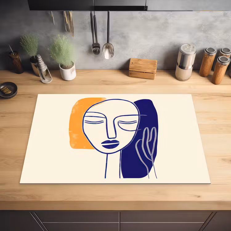 Minimalistisch - Gezicht - Hand - Oranje - Blauw Inductie beschermer vinyl 3mm klein -sfeer5