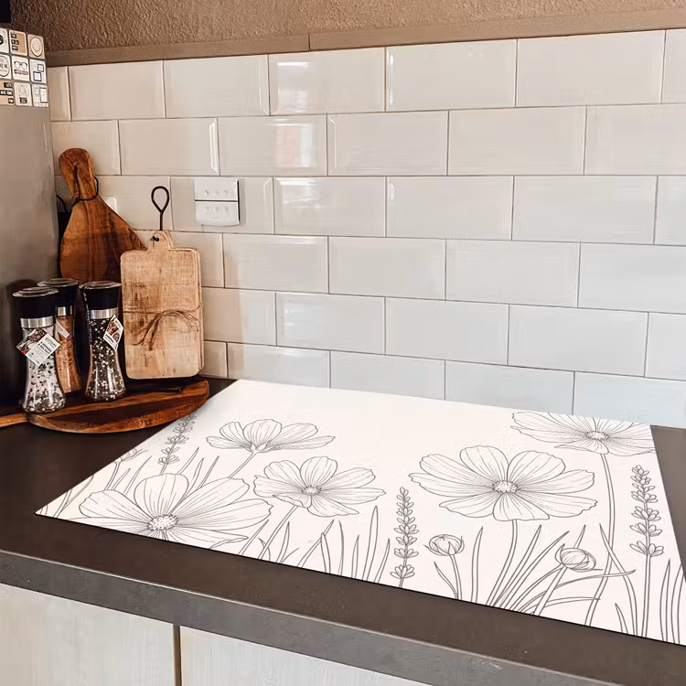 Minimalistisch - Modern - Bloemen - Beige Inductie beschermer vinyl 3mm klein -sfeer3