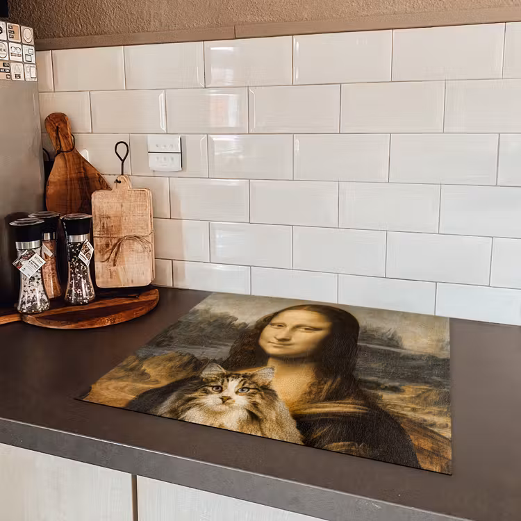 Mona Lisa - Kat - Leonardo da Vinci - Vintage - Kunstwerk - Oude meesters - Schilderij Inductie beschermer vinyl 3mm middel -sfeer3