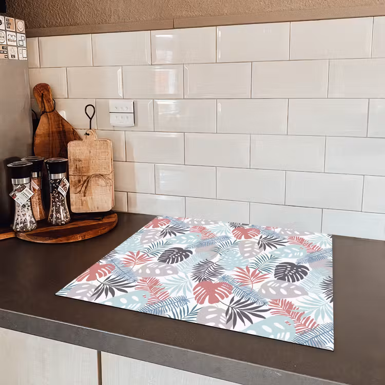 Monstera - Pastel - Bladeren - Tropical Inductie beschermer vinyl 3mm middel -sfeer3
