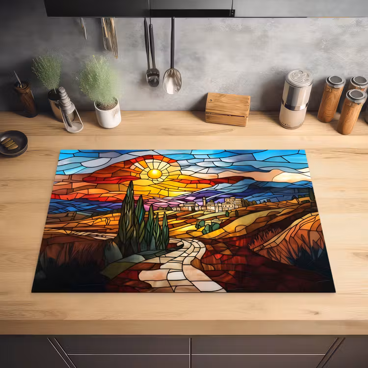 Mozaïek - Zon - Landschap - Dorp Inductie beschermer vinyl 3mm klein -sfeer5