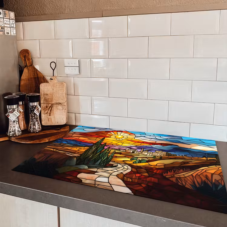 Mozaïek - Zon - Landschap - Dorp Inductie beschermer vinyl 3mm klein -sfeer3