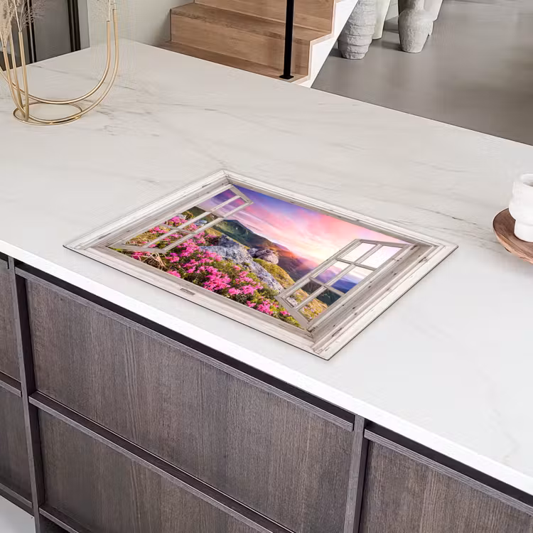 Bergen - Landschap - Doorkijk - Bloemen - Avond - Roze Inductie beschermer vinyl 3mm middel -sfeer8