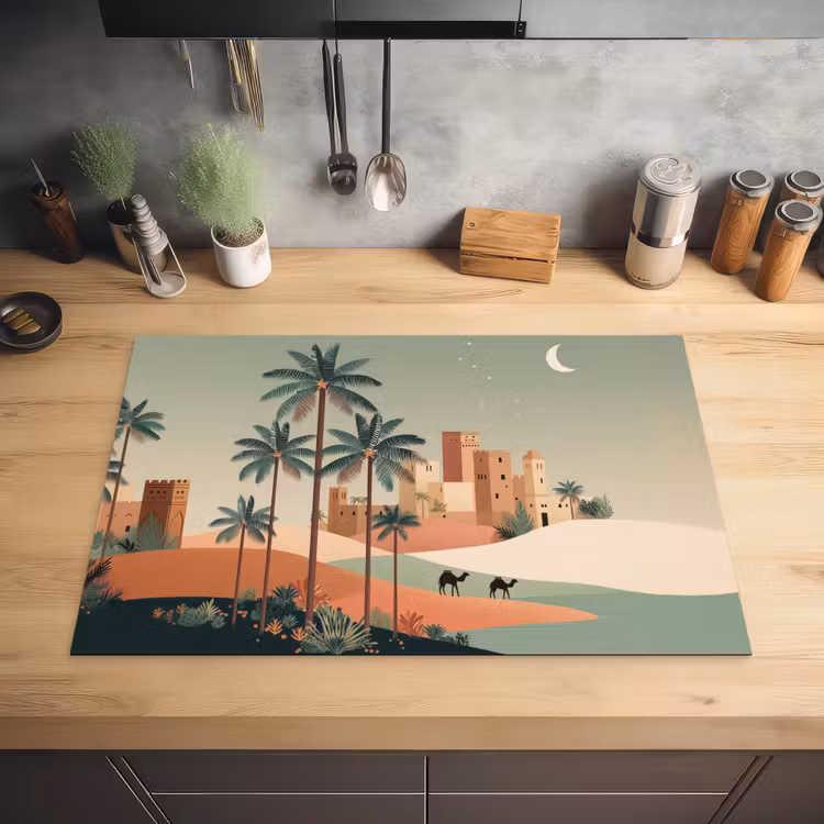 Nachtlandschap - Kamelen - Sterren - zandduinden Inductie beschermer vinyl 3mm klein -sfeer5