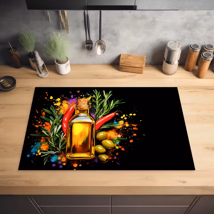 Olijfolie - Graffiti - Peper - Olijven - Modern Inductie beschermer vinyl 3mm klein -sfeer5
