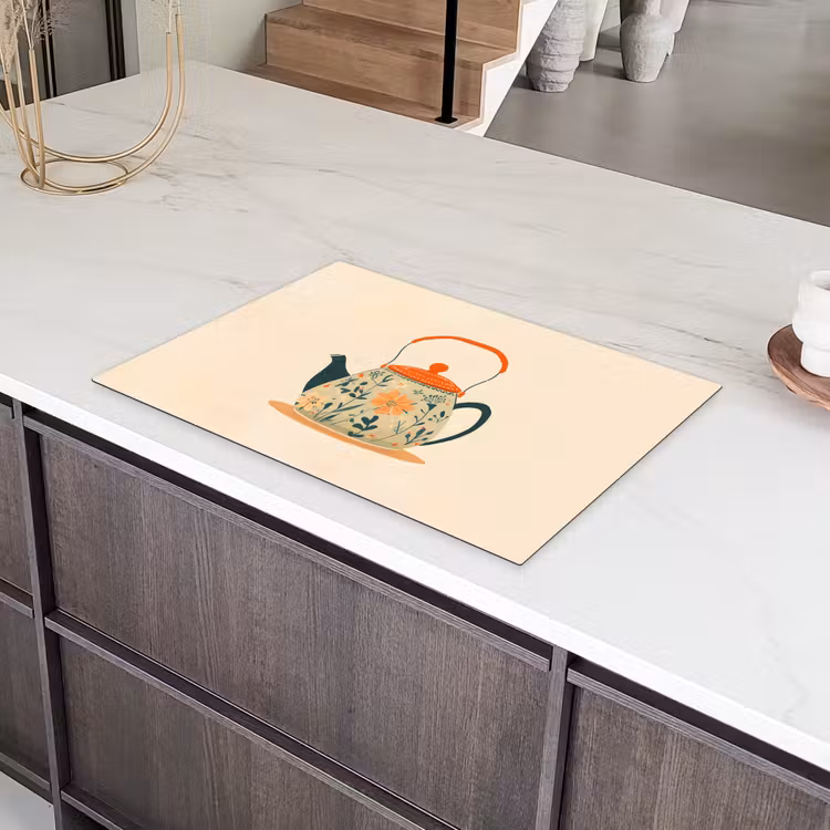 Oranje - Theepot - Bloemen - Bladeren Inductie beschermer vinyl 3mm klein -sfeer8