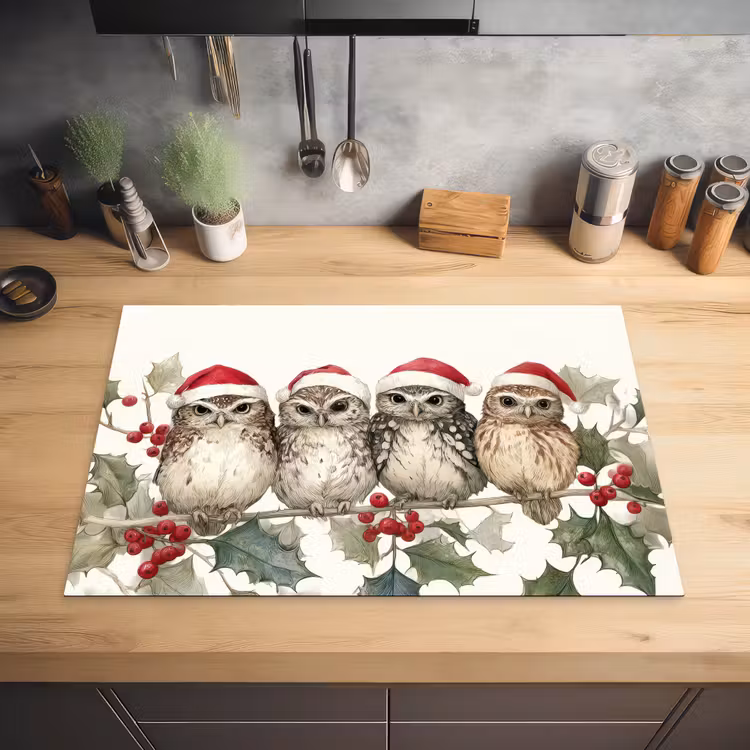 Uilen - Tak - Hulstblaadjes - Kerstmuts Inductie beschermer vinyl 3mm klein -sfeer5