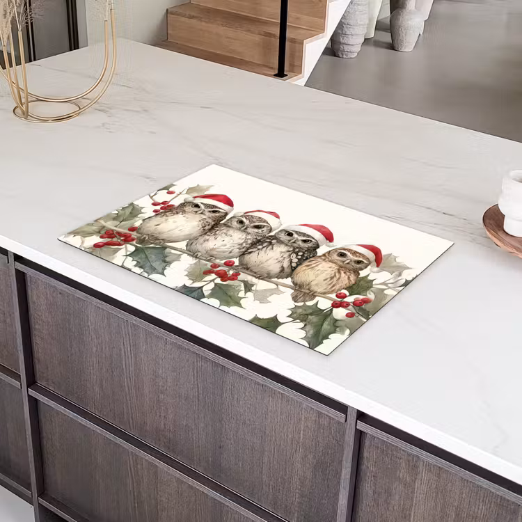 Uilen - Tak - Hulstblaadjes - Kerstmuts Inductie beschermer vinyl 3mm klein -sfeer8